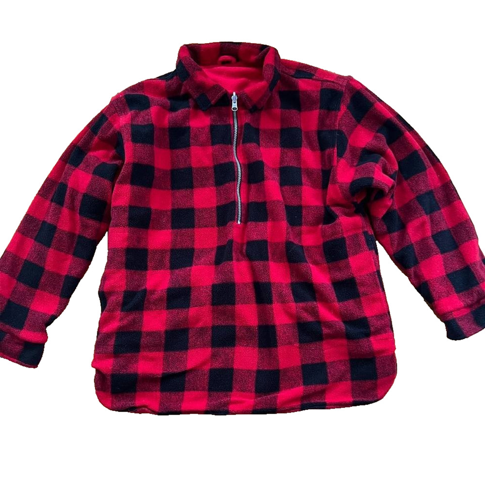 Men's Vintage Marlboro Red Plaid Y2K Reversible Fleece warm Pullover XL A001681